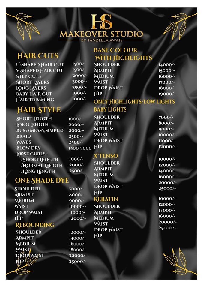 HS Makeover Studio service menu, page 1